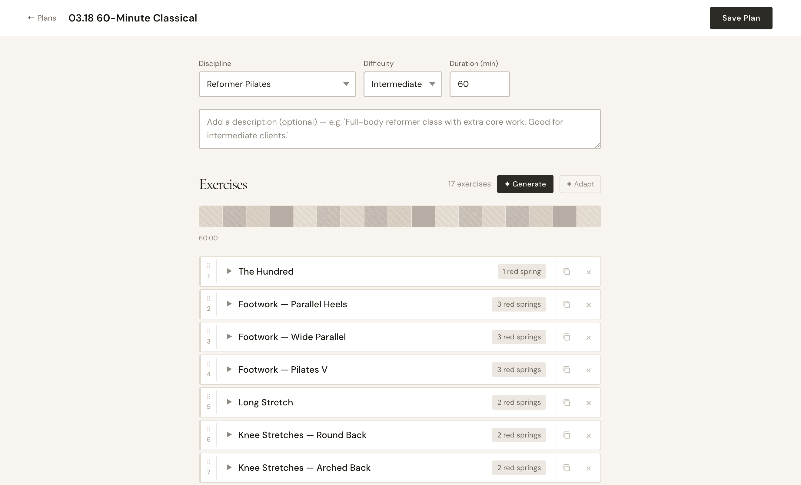 Reformer class plan showing spring settings in Hone