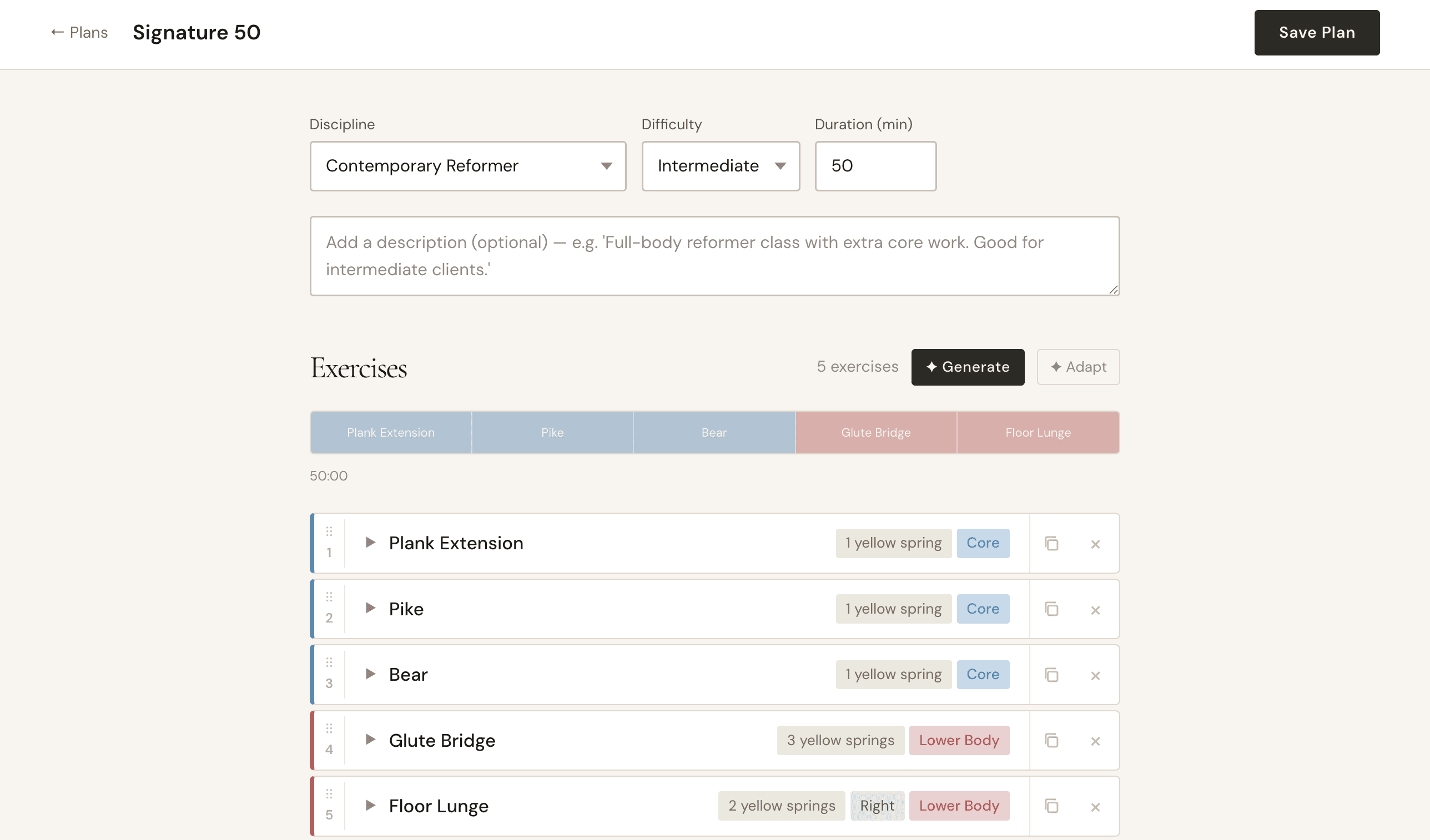 Solidcore-style class plan with resistance settings in Hone