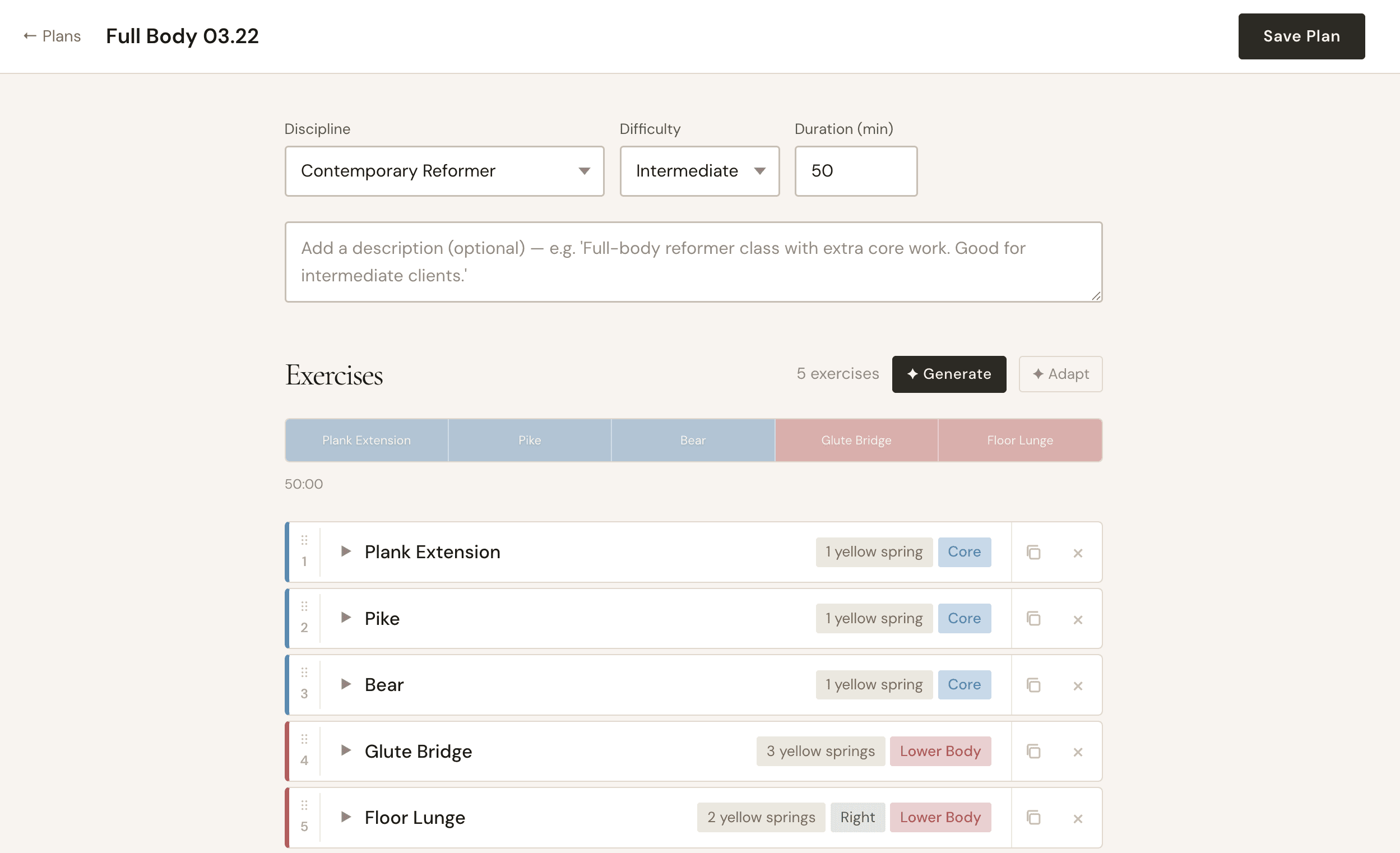 Xformer class plan with Modern Pilates block structure in Hone
