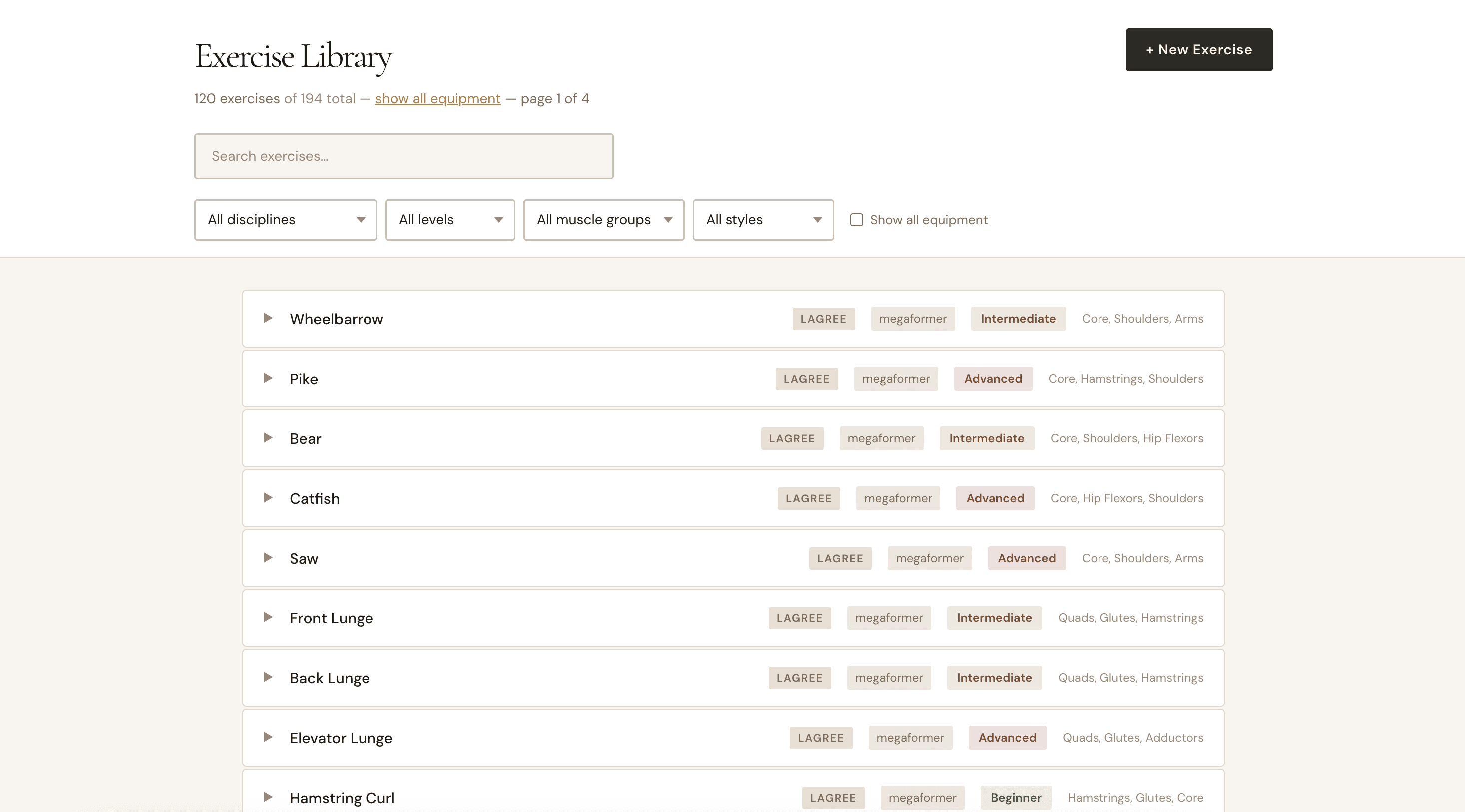 Hone exercise library showing Lagree movements with spring settings